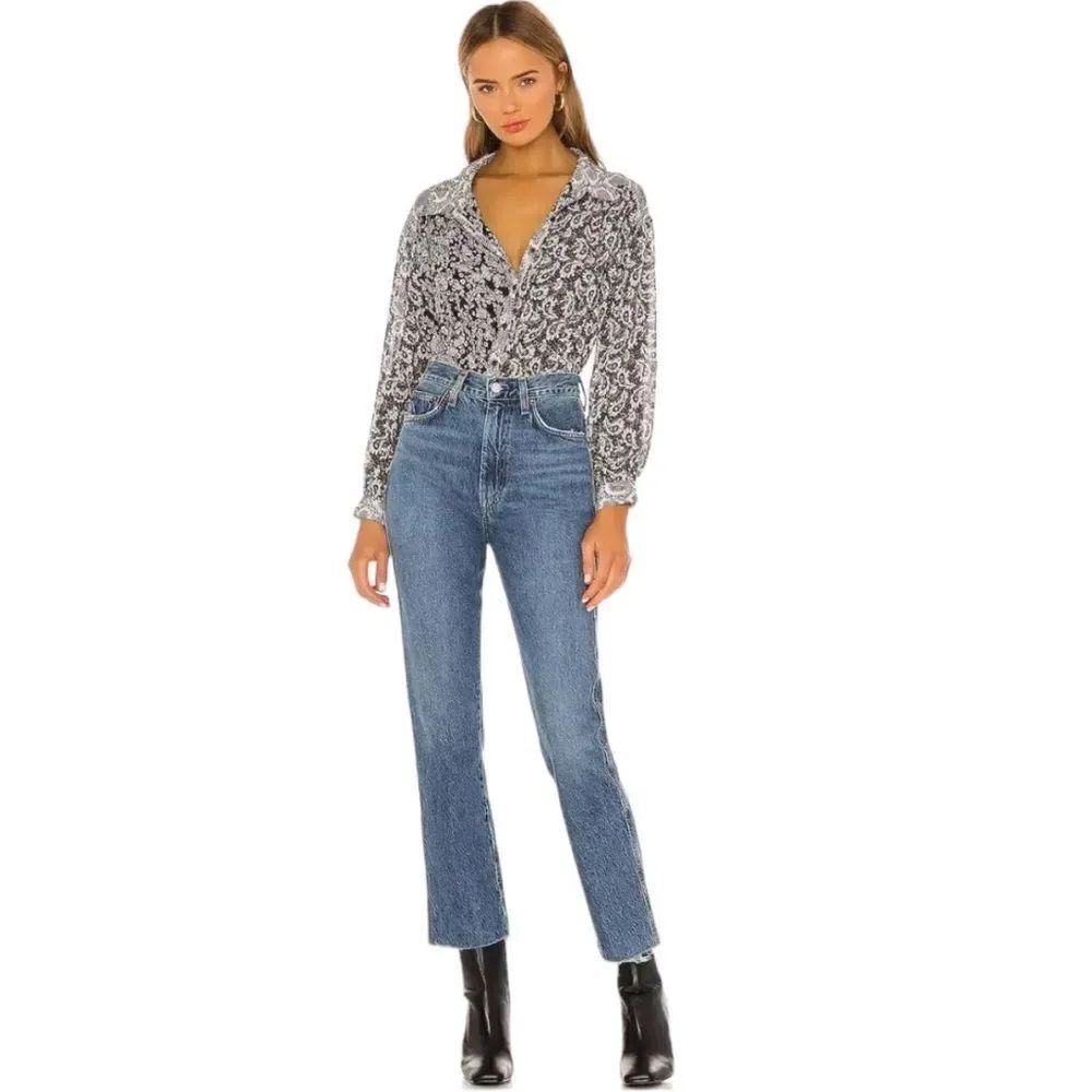 Free People Dani Button Down Top in Black Combo size medium